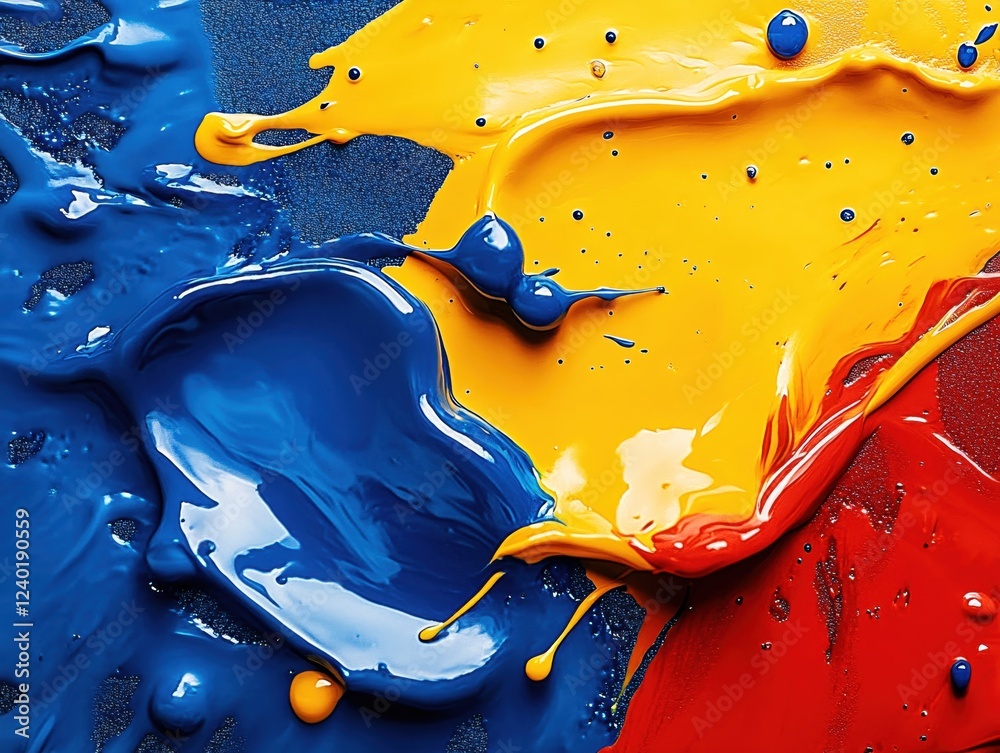 Poster vibrant paint splashes in primary colors creating an abstract design on textured surface