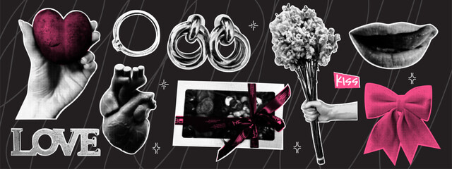 Trendy halftone collage Valentine's Day elements set. Heart, gift, bow, lips, bouquet of flowers, earrings, ring. Dotted pop art style.