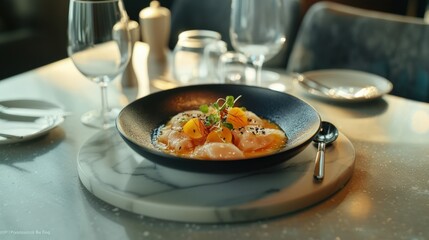 Gourmet wontons with golden sauce in a stylish restaurant ambiance
