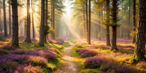 Obraz premium Serene Woodland Path Bathed in Golden Sunlight, Blooming Heather Carpeting the Forest Floor