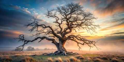 Ancient, leafless oak tree stands sentinel in a misty field at sunrise, its gnarled branches reaching towards a vibrant, colorful sky.
