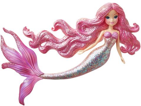 Colorful Doll Mermaid with Long Flowing Hair in a Dynamic Pose