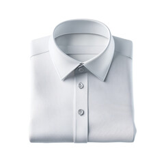 The image shows a folded white dress shirt with a crisp collar and buttons, suggesting newness and quality.