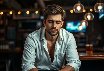 Fototapeta premium Drunk male in a dimly lit bar