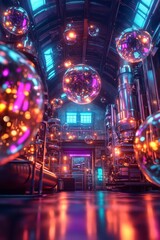 Futuristic industrial interior with vibrant neon lighting, reflective surfaces, and large disco balls. A blend of metallic textures and glowing orbs