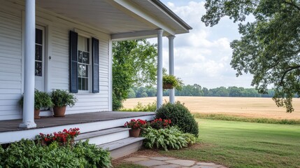 White farmhouse porch with rural view.