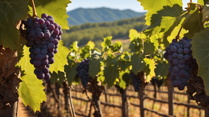 Fototapeta premium Sun-drenched vineyard rows heavy with ripe, dark grapes ready for harvest. A picturesque autumn scene.