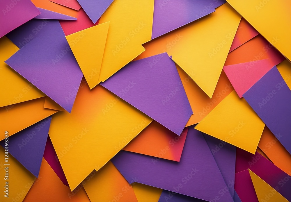 Poster Abstract colorful geometric background with overlapping triangles and squares in vibrant shades of purple, orange, and yellow.