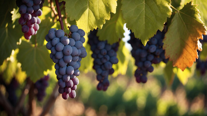 Fototapeta premium Ripe bunches of grapes hang heavy on the vine, bathed in warm sunlight. A bountiful harvest awaits.