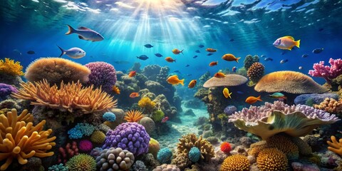 Obraz premium Vibrant Coral Reef Underwater with Colorful Fish and Sun Rays