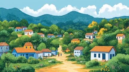Obraz premium Panoramic view of a tribal village celebrating a festival