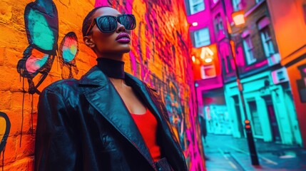 Obraz premium Urban Chic: A fashion model posing in a bustling city street, with neon lights and vibrant street art