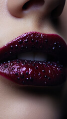 A macro shot of lips painted with a luscious berry mix design. The top lip features a smooth gradient of raspberry and deep blackberry hues