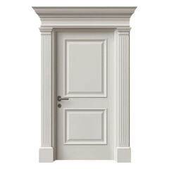Contemporary white door with decorative frame isolated on a transparent background for design and renovation projects