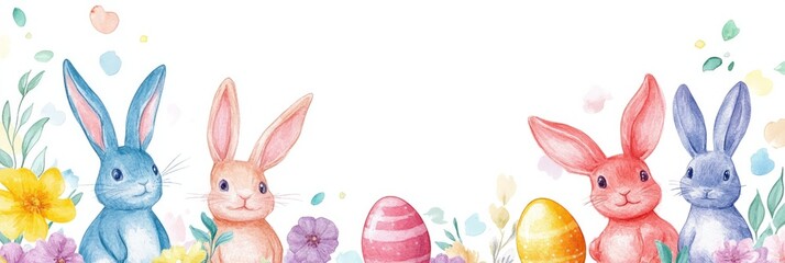 Obraz premium Watercolor illustration of four adorable bunnies holding a decorated Easter egg surrounded by spring flowers and foliage.