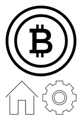 Bitcoin logo within circular frame atop a house and gear icon. Ideal for blockchain, real estate, innovation, investment, technology, cryptocurrency, abstract line flat metaphor