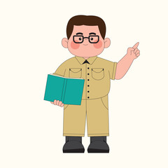Indonesian Male Teacher Holding Book Cartoon Illustration