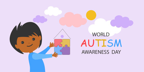 cute cartoon child and house of colorful puzzle. World awareness day background design celebrating poster modern flat vector
