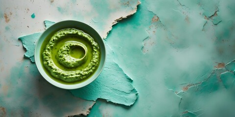 Bowl of fresh basil pesto on textured turquoise background with copy space for text.