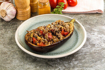 Baked eggplant stuffed meat and tomato