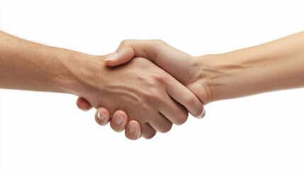 A closeup of two people shaking hands, isolated on a clean white background, showcasing the action and the detail