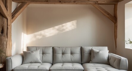 Cozy Living Room with Exposed Wooden Beams and Sectional Sofa