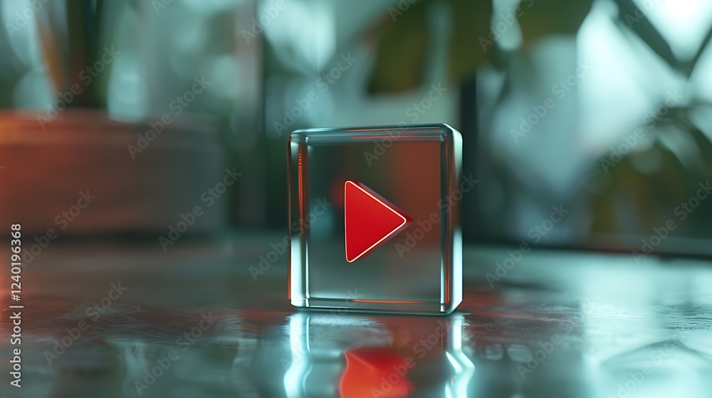 Poster red play button inside a glass cube. digital media concept.