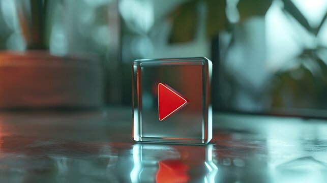 Red play button inside glass cube with glowing reflection for digital media streaming technology visual communication entertainment interface innovation display design concept .