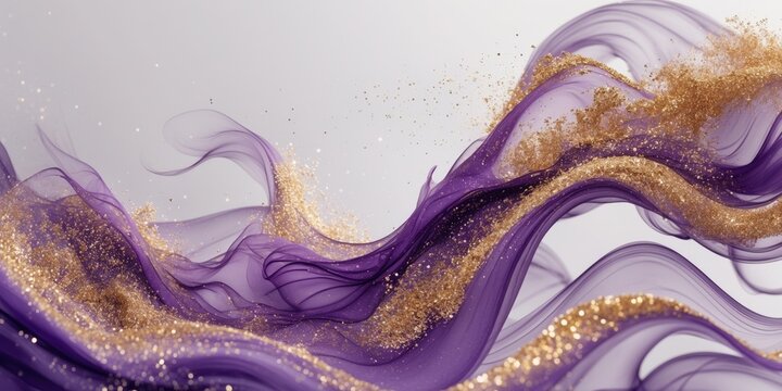 Abstract background with fluid purple and gold ink textures and glitter effect