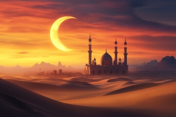 Obraz premium Majestic mosque in desert at sunset with crescent moon.