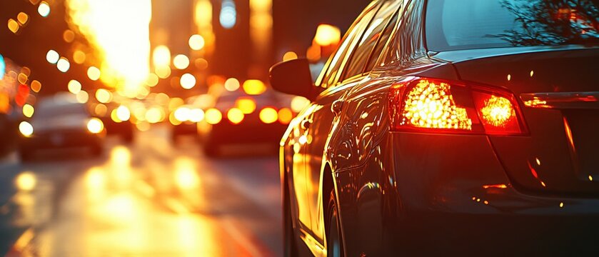 Car tail light glow in city traffic with bokeh lights at dusk creating a warm urban scene