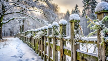 A snow-covered rustic wooden fence winds through a winter wonderland, adorned with evergreen boughs, creating a picturesque scene of serene beauty in a tranquil forest.