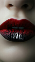 Obraz premium A macro shot of lips. The lips are painted in deep crimson red, with a black-ink silhouette of a dark forest and a mysterious wolf lurking in the background. 