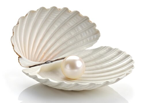 Realistic 3D white shell with a shining pearl inside, isolated on a white background