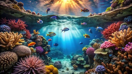 Obraz premium Vibrant Underwater Coral Reef with Colorful Fish and Sunlight