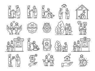 Elderly care medical social support line icon set vector illustration