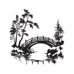 chinesse bridge with river under of it, and trees in side