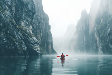 Solo Kayaker Paddling Through a Misty Fjord A traveler glides through the still waters of a dramatic fjord, surrounded by towering cliffs covered in mist