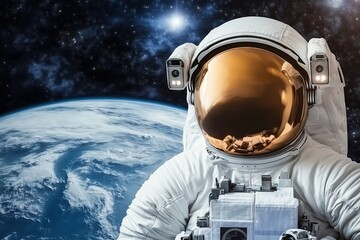 Astronaut in a white space suit floating in space with Earth and stars in the background,...