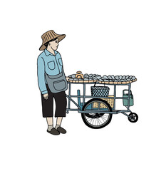 Woman selling dry fish at street, hand drawn vector illustration