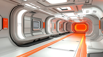 Obraz premium Futuristic spaceship corridor, orange light, white walls, science fiction background, for sci-fi film