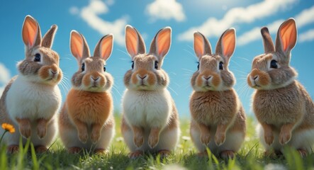 Obraz premium Five curious rabbits lined up with attentive expressions in a bright outdoor setting.