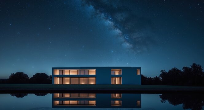 Modern house at night with starry sky and calm water reflection