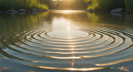Golden ripples spreading across calm pond.