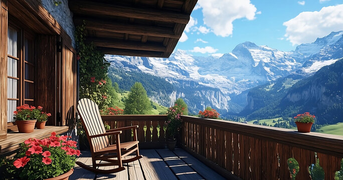 Wooden Balcony with Alpine Mountain Views and Rocking Chair