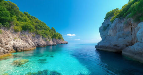 Fototapeta premium Picturesque Mediterranean Cove with Lush Greenery and Azure Water