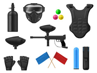 Obraz premium Paintball equipment military fighting shooting game playing set realistic vector illustration