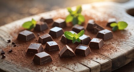 Dark chocolate chunks with cocoa powder and mint on rustic wooden board
