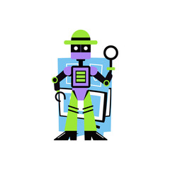 Robot detective holding a magnifying glass, flat style illustration 

