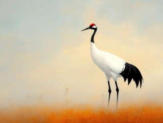 Obraz premium Lone crane in misty field japanese ink painting minimalist art serene environment soft washes tranquil concept
